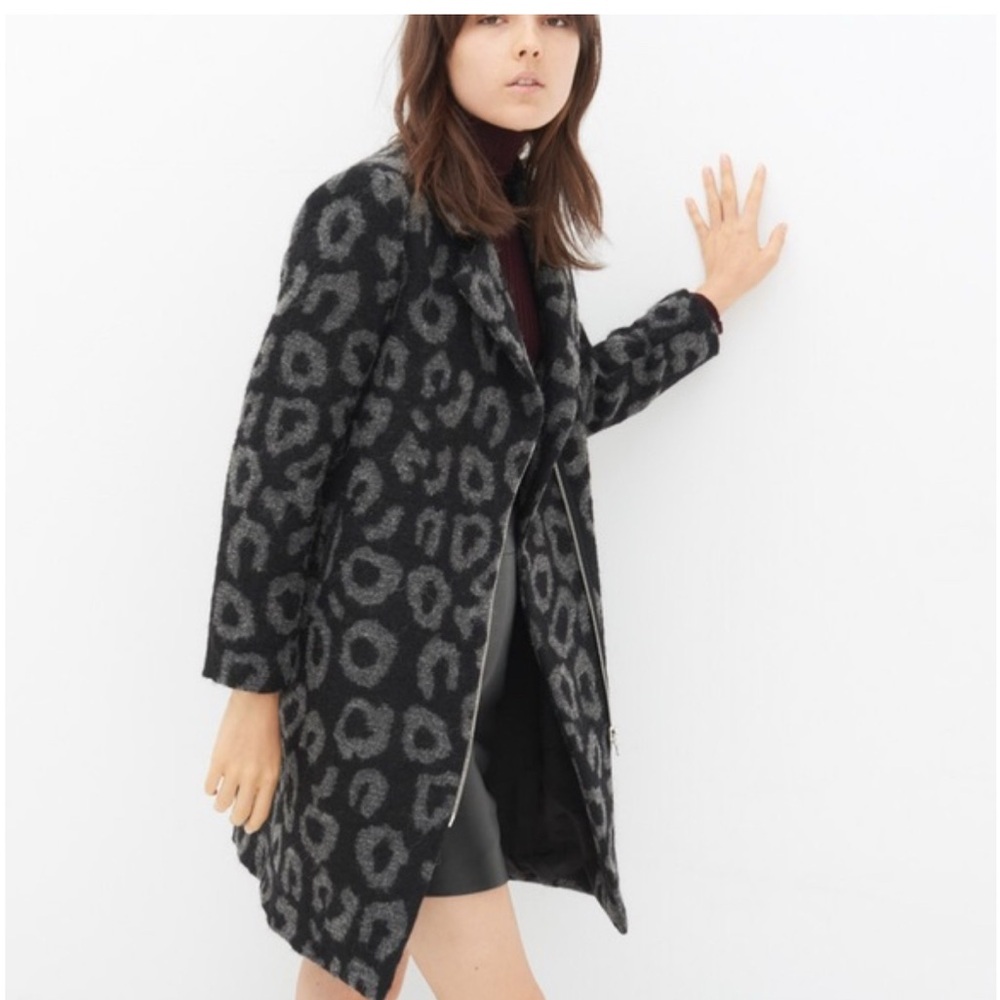 Sandro Paris Leopard Jacquard Wool Blend Coat Gray/Black Sz 38 Old Money Luxury